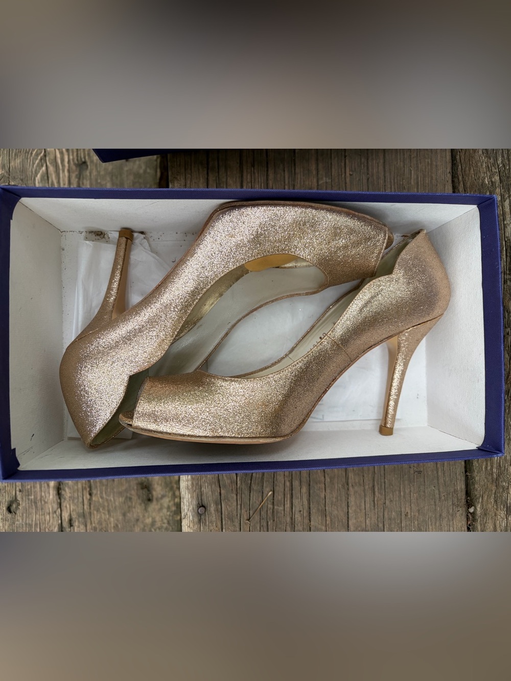 VTG Stewart Weitzman Dippy Sand Mini Glitter Gold Peep-Toe Heels Original Box